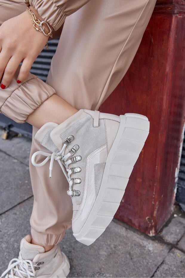 Candy Bej Hakiki Deri Kadın Sneaker Bot - 1