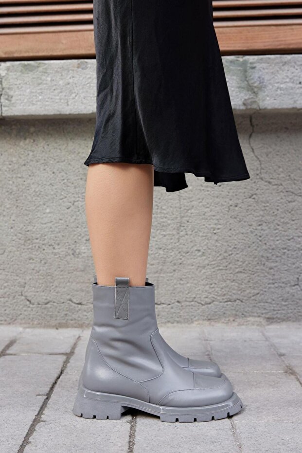 Alba Gri Hakiki Deri Kadın Bot - 1