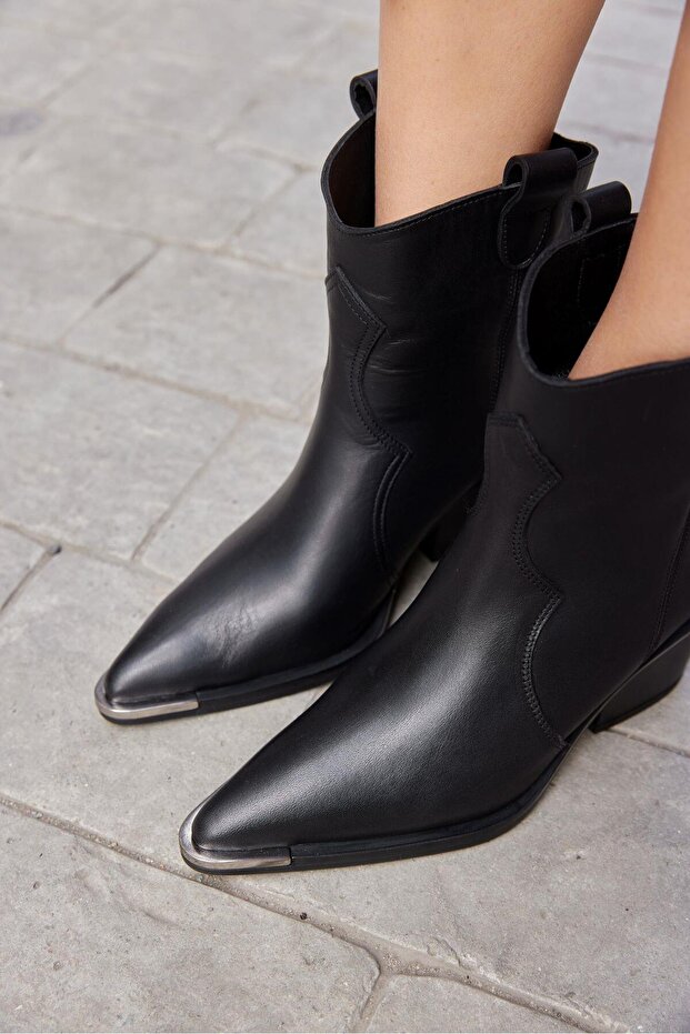 Harvey Siyah Hakiki Deri Topuklu Kovboy Bot - 4