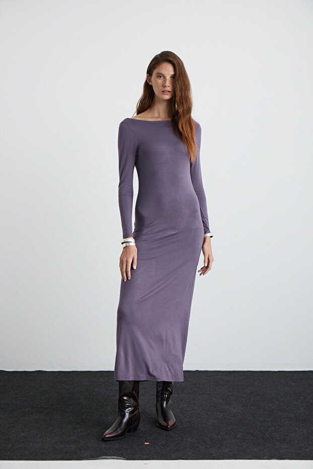 Krizia Women's Viscose Stretch Fabric Backless Skirt Wide Maxi Plum Dress