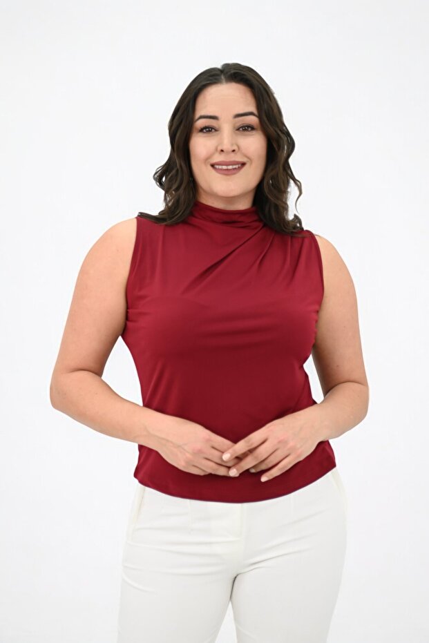 Women's Large Size Drape Detailed Stand Collar Blouse 1851-25