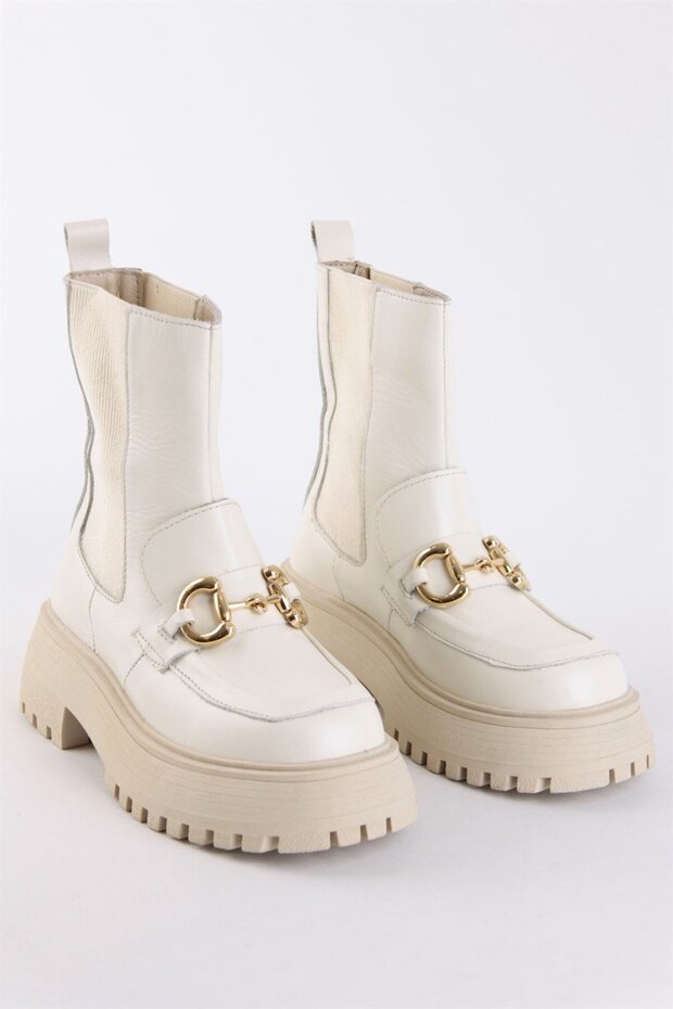 Mickey Bej Hakiki Deri Kalın Tabanlı Kadın Bot - 4