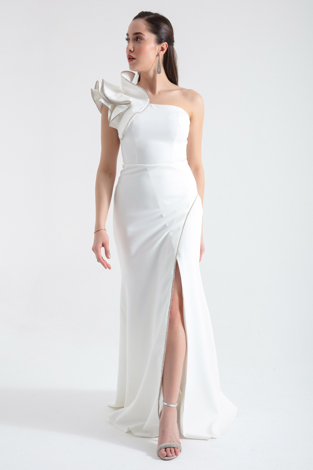 Women's White One Shoulder Slit Long Evening Dress