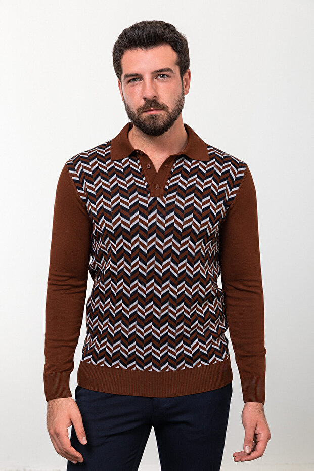 Patterned Slim Fit Polo Neck Men's Knitwear Sweater Hazelnut - 11452.23K