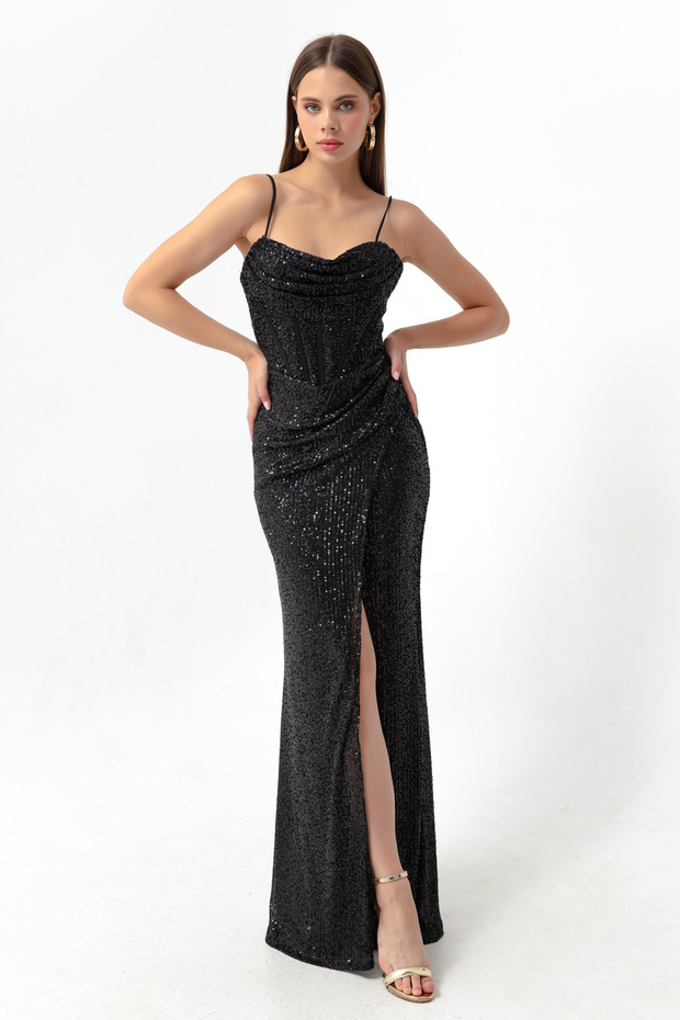 Women's Black Tight Fit Balen Corset Detailed Sequined Slit Long Evening Dress