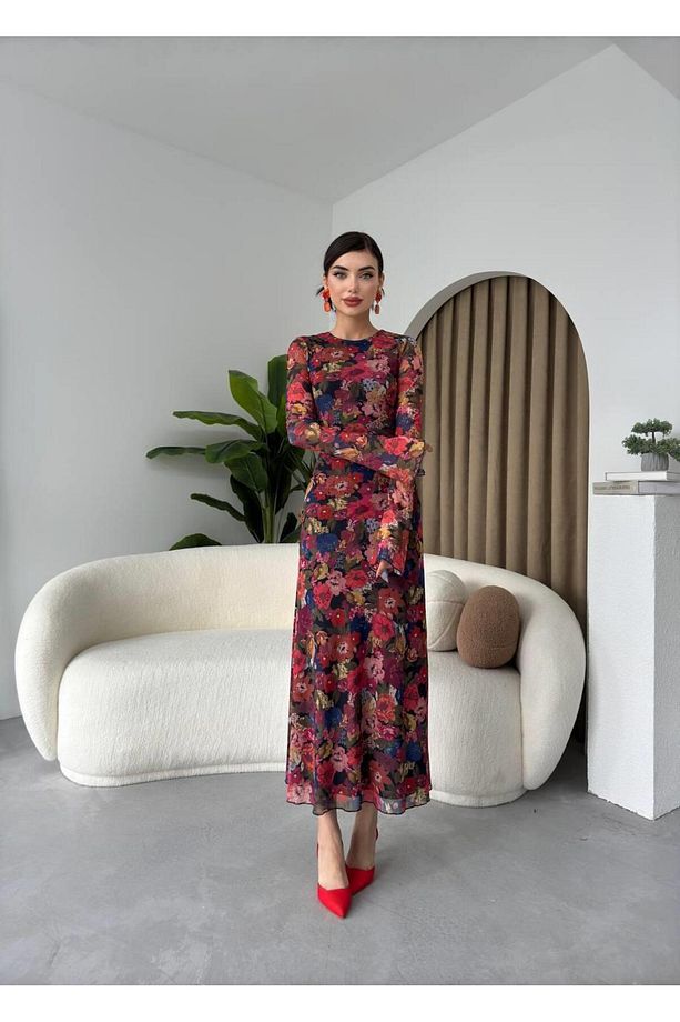 Çiçek Desen Streç Astarlı Elbise - 4