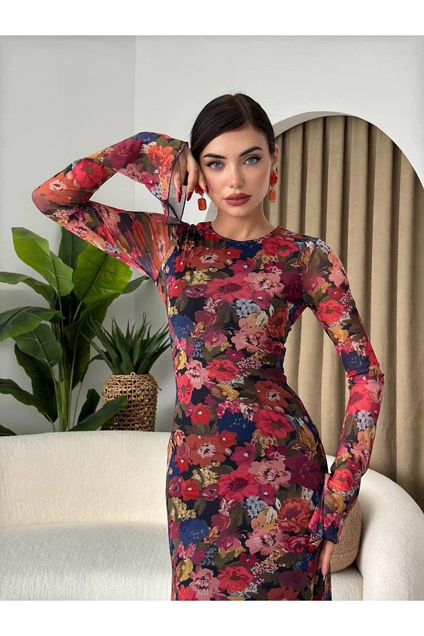 Çiçek Desen Streç Astarlı Elbise - 8