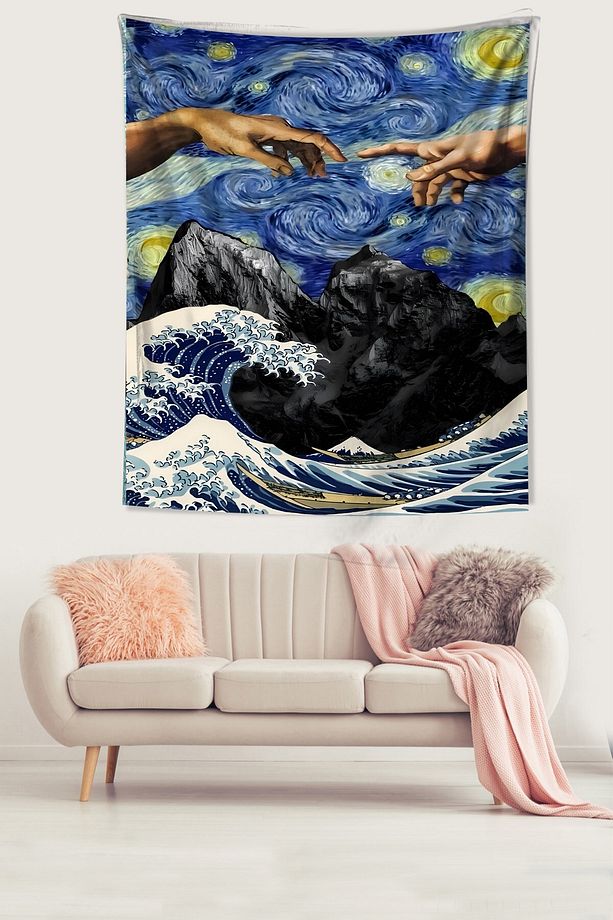 Van Gogh Yıldızlı Geceler Ademin Yaratılışı Leke Tutmaz Kumaş Duvar Örtüsü Duvar Halısı Tapestry - 1