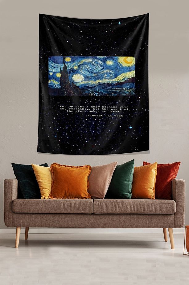 Yıldızlı Gecler Van Gog Sözü Leke Tutmaz Kumaş Duvar Örtüsü Duvar Halısı Tapestry - 2