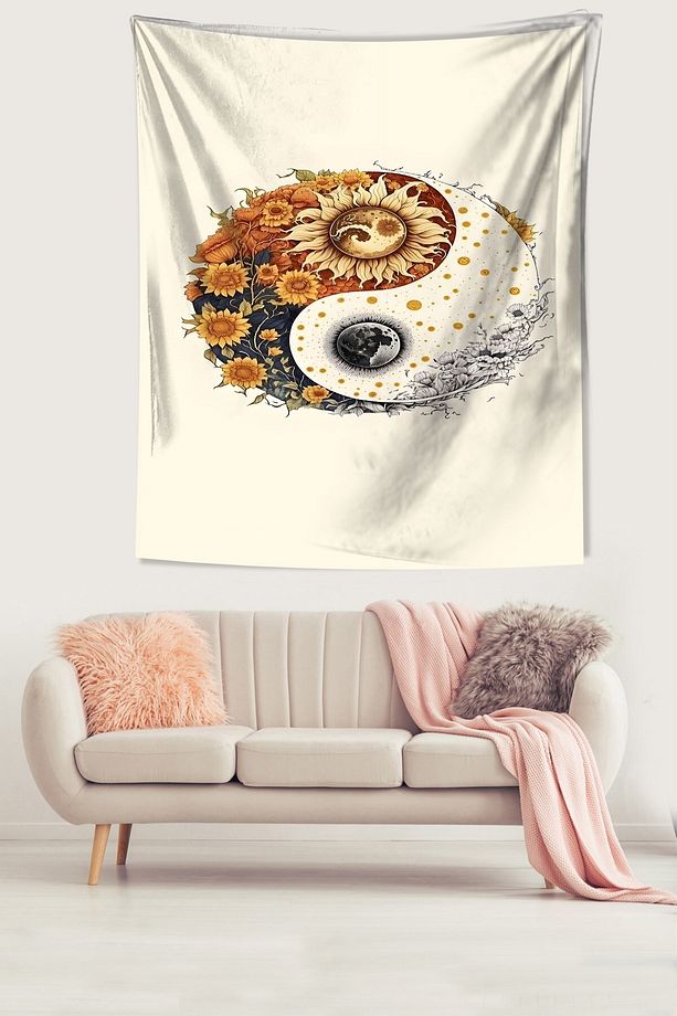 Ying Yang Denge Güneş Ay ve Günebakan Leke Tutmaz Kumaş Duvar Örtüsü Duvar Halısı Tapestry - 1