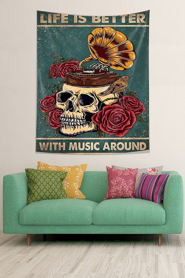 Müzkle Hayat Çok Güzel İskelet Kurukafa Leke Tutmaz Kumaş Duvar Örtüsü Duvar Halısı Tapestry - 3
