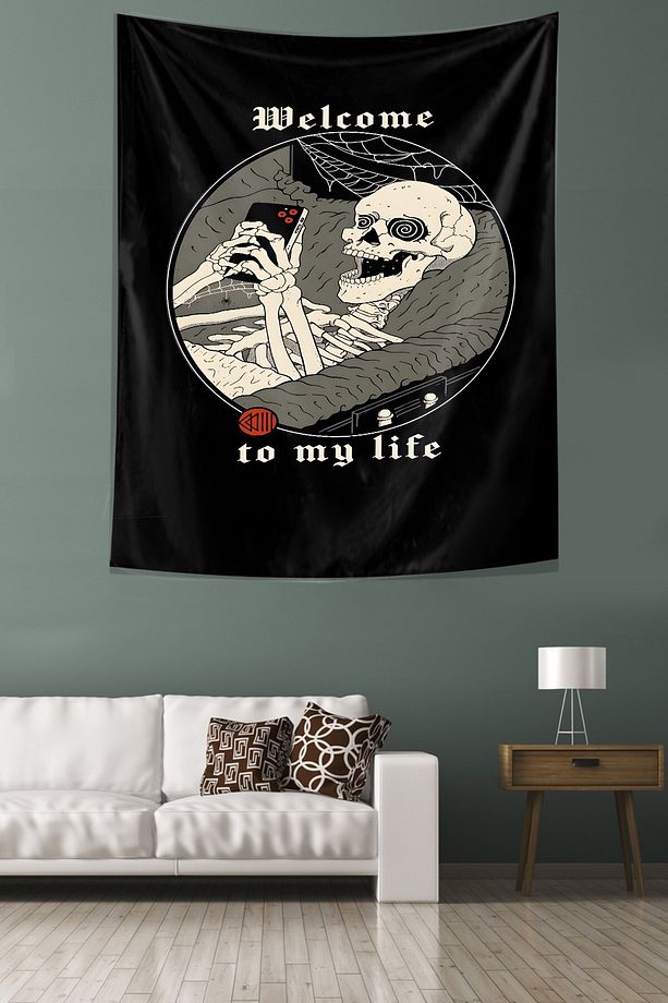 Welcome To My Life İskelet Kurukafa Leke Tutmaz Kumaş Duvar Örtüsü Duvar Halısı Tapestry - 3