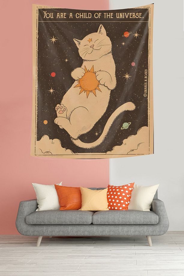 Güneşe Sarılan Kedi Evrenin Çocuklarıyız Leke Tutmaz Kumaş Duvar Örtüsü Duvar Halısı Tapestry - 2
