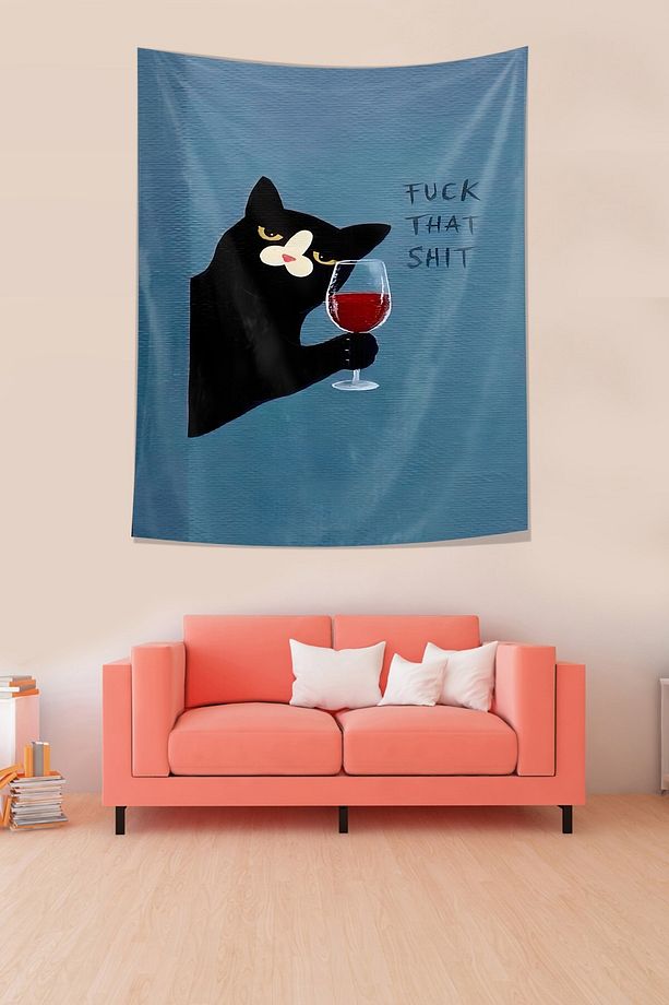 Şarapçı Kedi Leke Tutmaz Kumaş Duvar Örtüsü Duvar Halısı Tapestry - 2