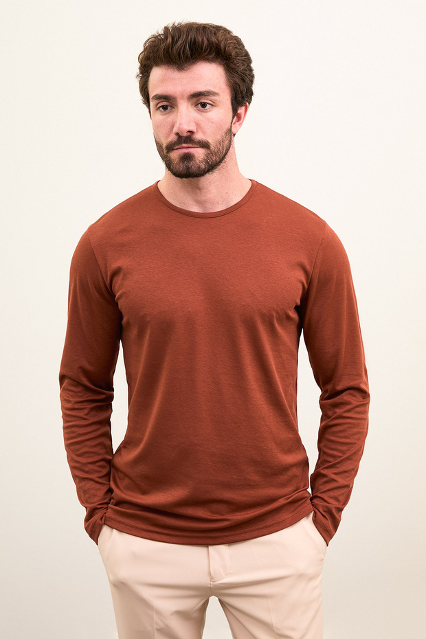 Plain Slim Fit Long Sleeve Crew Neck Men's T-Shirt Tile - 36671.21K