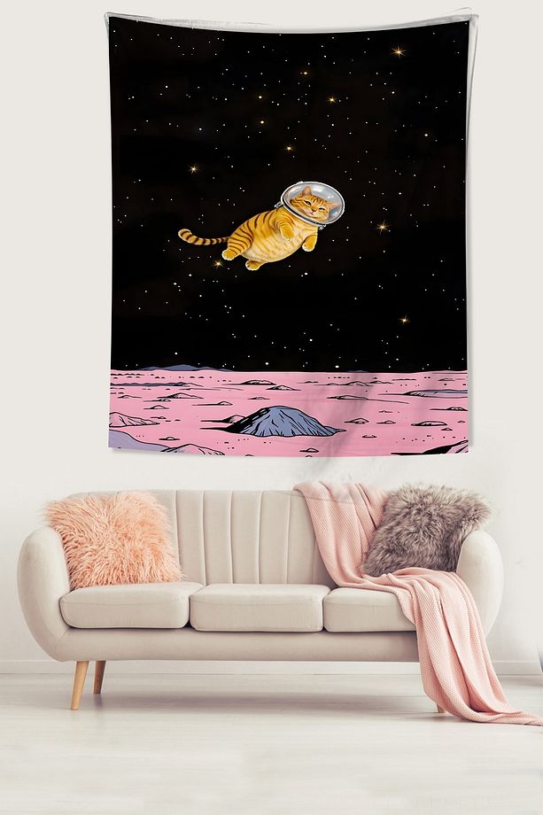 Uzayda Süzülen Sevimli Astronot Kedi Leke Tutmaz Kumaş Duvar Örtüsü Duvar Halısı Tapestry - 2