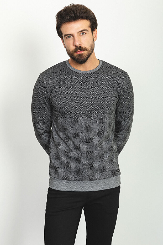 Piece Patterned Slim Fit Crew Neck Long Sleeve Men's T-Shirt Black-Ecru - 36751.22K