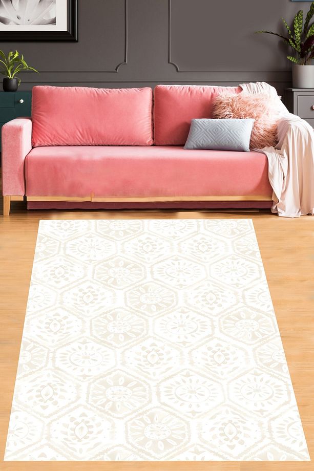 Bohem Tarz Soft Minimal Motif Desenli Yıkanabilir Kaymaz Taban Leke Tutmaz Salon Halısı Yoluk - 1