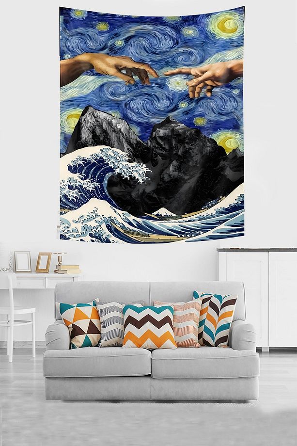 Van Gogh Yıldızlı Geceler Ademin Yaratılışı Leke Tutmaz Kumaş Duvar Örtüsü Duvar Halısı Tapestry - 2