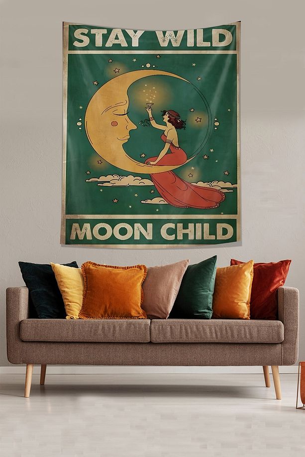 Ayda Oturan Genç Kadın Stay Wild Moon Child Leke Tutmaz Kumaş Duvar Örtüsü Duvar Halısı Tapestry - 2