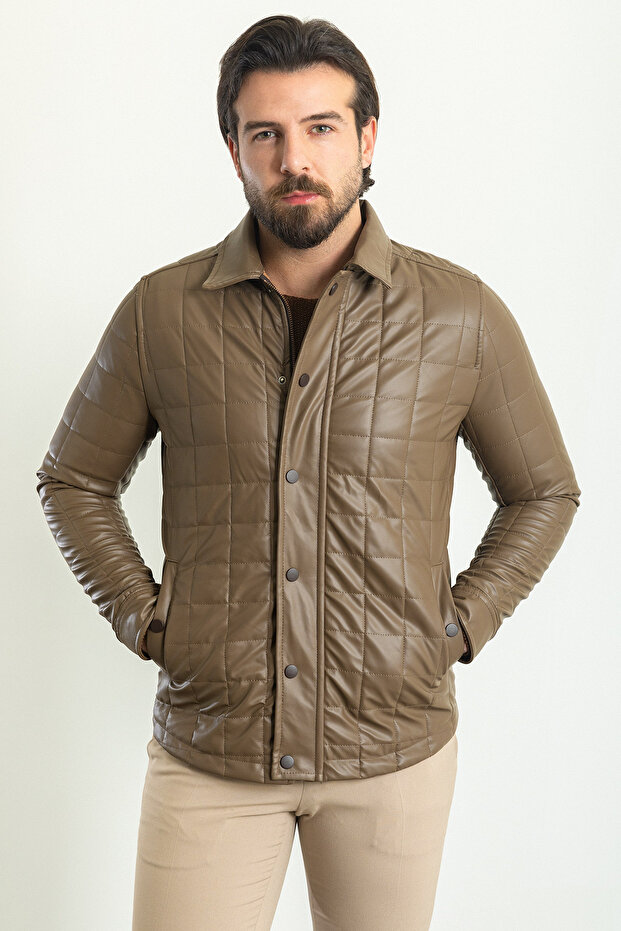 Quilted Slim Fit Shirt Collar Faux Leather Men's Coat Mink - 39573.23K