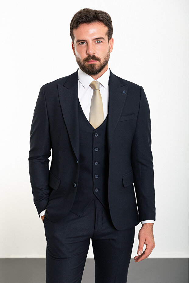 Plain Navy Blue Slim Fit Wide Collar Wool Classic Men's Suit