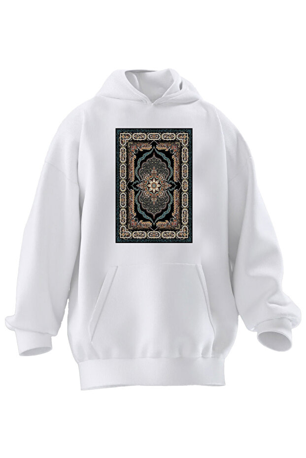 Unisex Premium Cotton White Persian Carpet Printed 3 Thread Hooded Sweatshirt