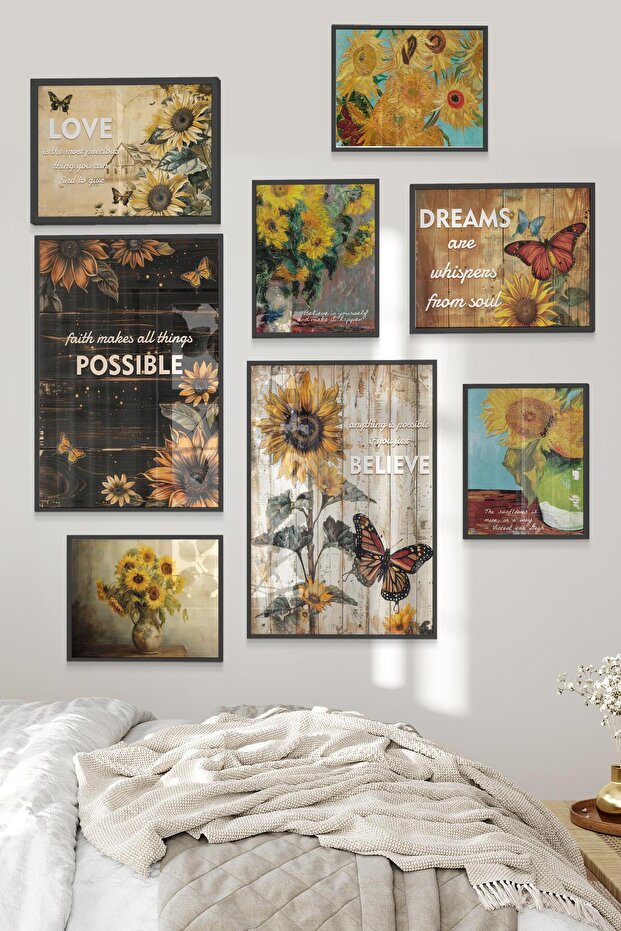 Siyah Tablo Seti, 8 Adet Çerçeve Seti,Vintage Ayçiçeği Temalı Galeri Poster Seti NO:025 - 2