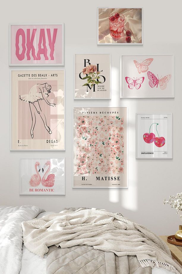 Beyaz Tablo Seti, 8 Adet Çerçeve Seti,Pastel Doknuşlar - Pembe Düşler Temalı Galeri Poster Seti NO:0 - 2