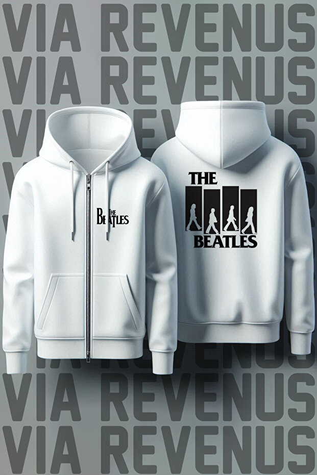 The Beatles Front and Back Printed Unisex Zippered Hooded White Sweatshirt Cardigan