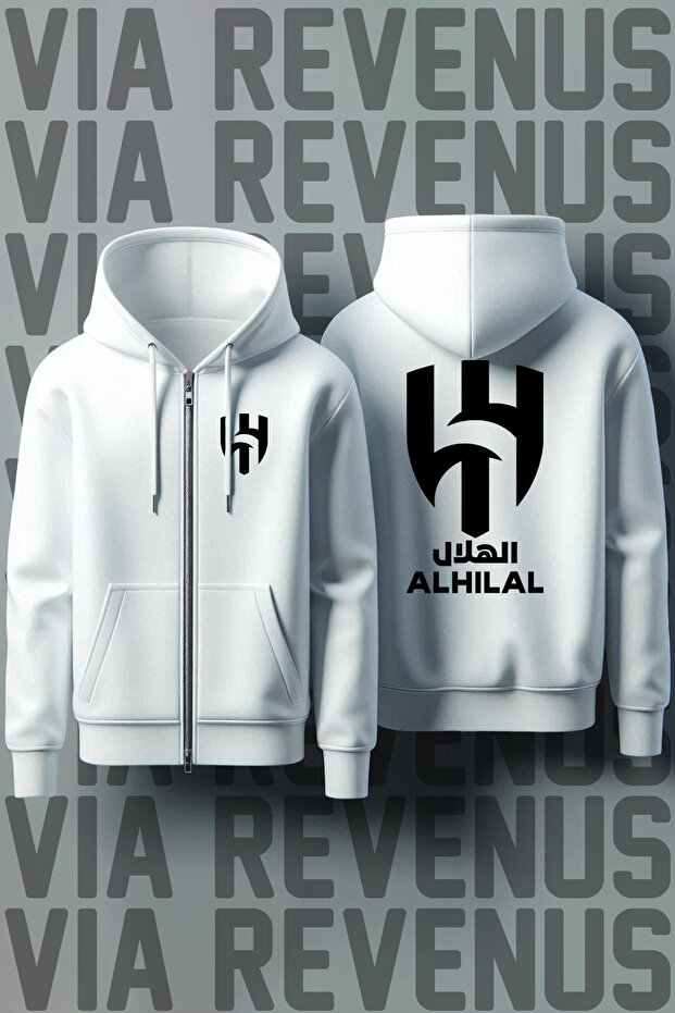 Al Crescent Front and Back Printed Unisex Zippered Hooded White Sweatshirt Cardigan