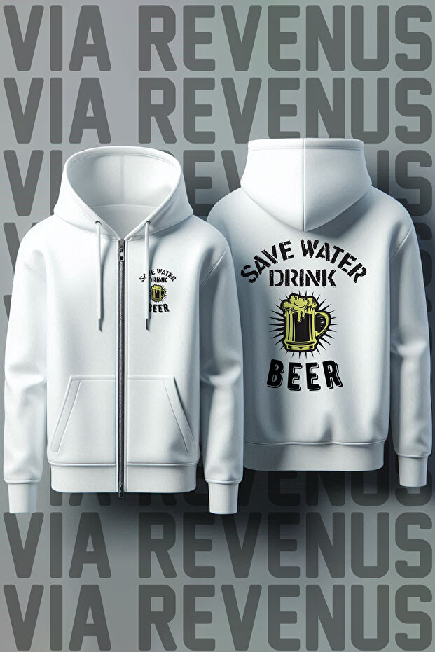 Beer Front and Back Printed Unisex Zippered Hooded White Sweatshirt Cardigan