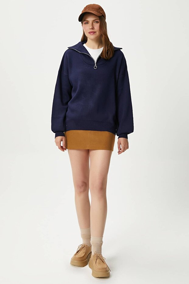 Kadın Bruno Basic Fermuarlı Lacivert Kazak - 7