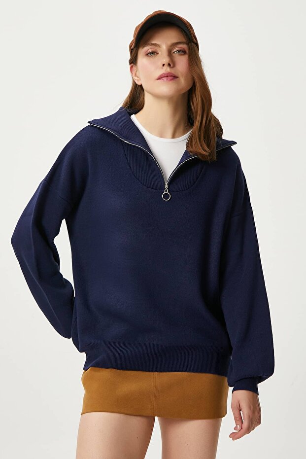 Kadın Bruno Basic Fermuarlı Lacivert Kazak - 1