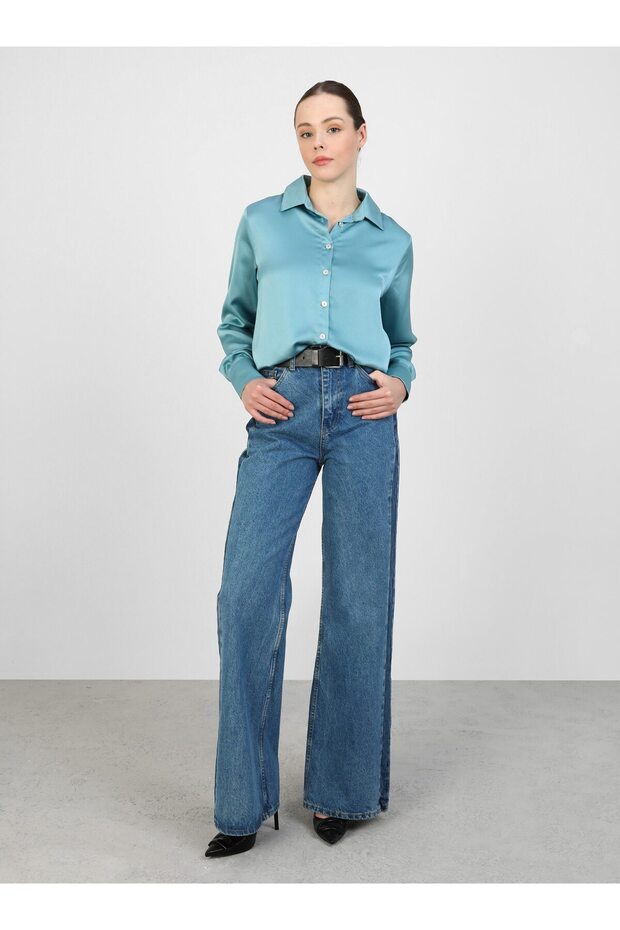 Sedef Button Detailed Satin Tunic - Ice Blue - Refka