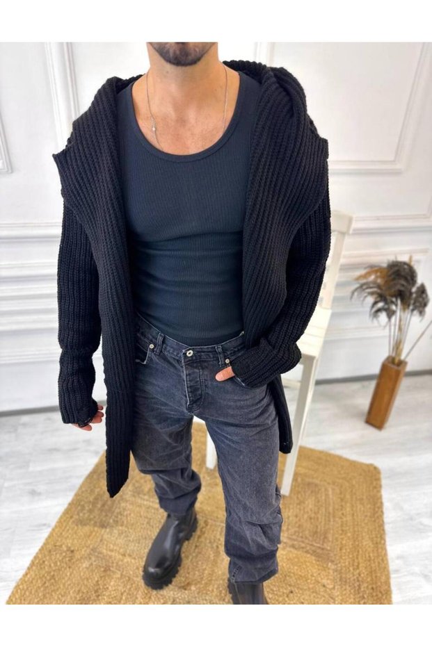Cardigan Hooded Pocket Natural Cotton Laser Cut Ripped Detailed Knitted Knitwear Long Poncho Cardigan