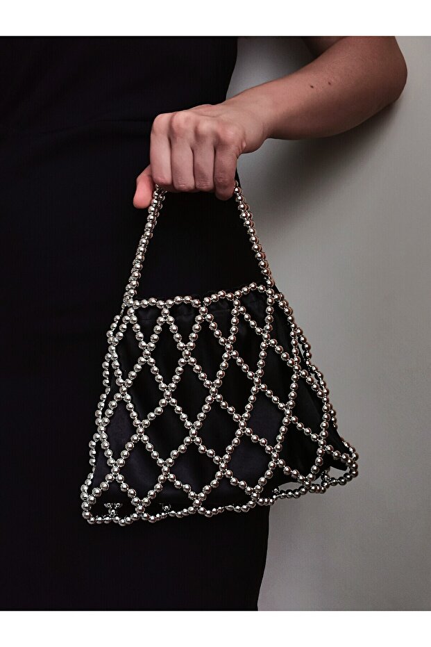 Diamond Patterned Silver Pearl Bag - Pearl Bag Pearl Bead Bag - Evening Dress Bag
