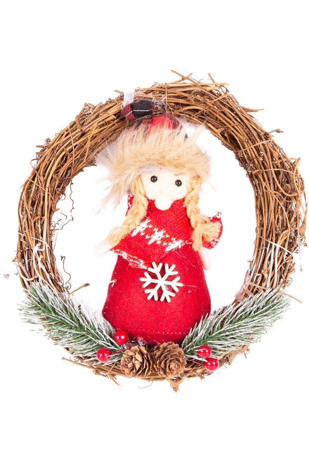 Christmas Ornament, Wreath, with Snow Woman Figure, Red - 20X20 cm