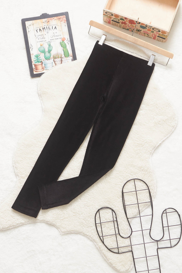 Girl's Black Ribbed Plain Velvet Tights 19721