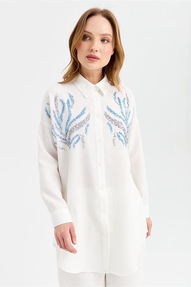 Çift Renk Pul Detaylı Tunik  Ekru - 4