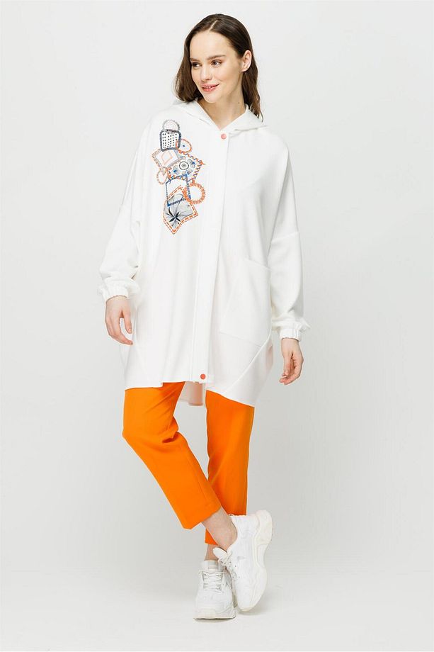 Trend Baskı Detaylı Kapişonlu Oversize Tunik Ekru - 5