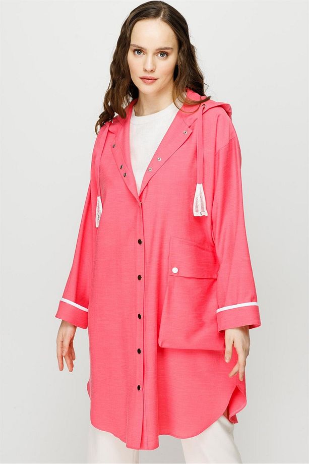 Torba Cep Detaylı Kapişonlu Pamuk Tunik Pembe - 2