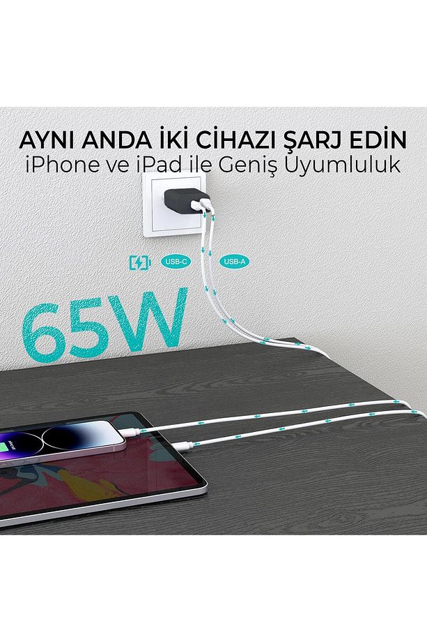Bx2p65g 65w Gan Usb-c Usb-a Şarj Aleti Iphone Ipad Pd Pps Type-c Hızlı Şarj Cihazı Siyah - 6
