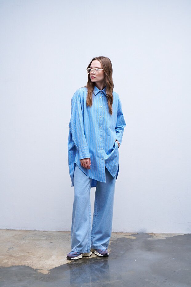 Oversize Çizgili Gömlek Mavi - 3