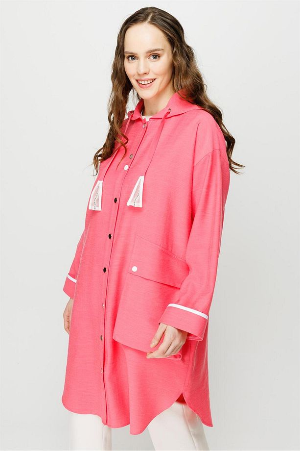 Torba Cep Detaylı Kapişonlu Pamuk Tunik Pembe - 4
