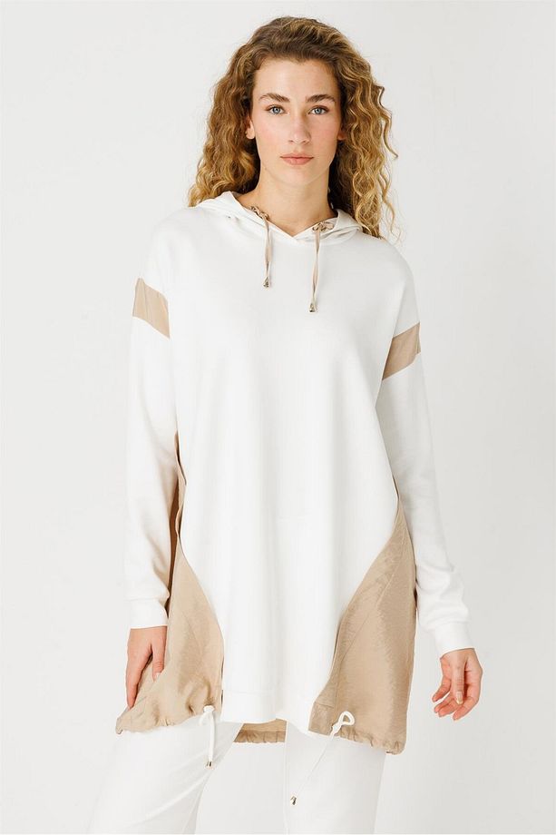 . Kumaş Garnili Kapişonlu Tunik Ekru - 7