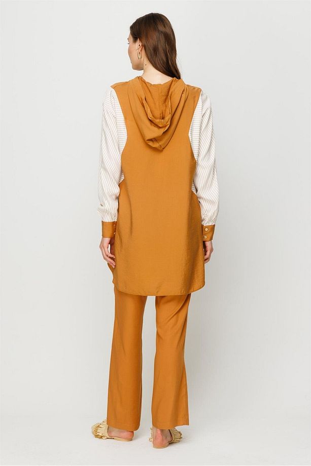 Garni Detaylı Rahat Kumaşlı Kapişonlu Tunik Taba - 7