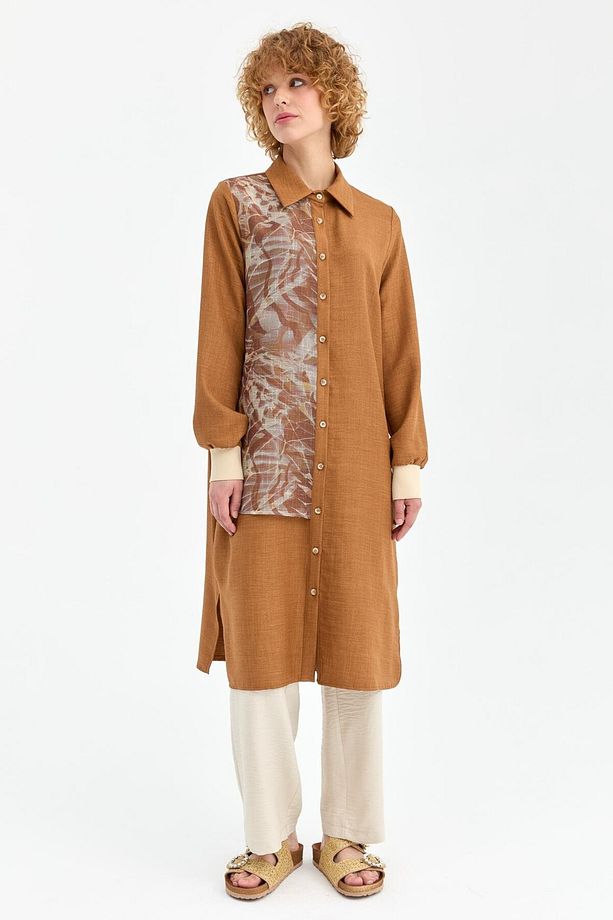File Detaylı Uzun Tunik  Camel - 3