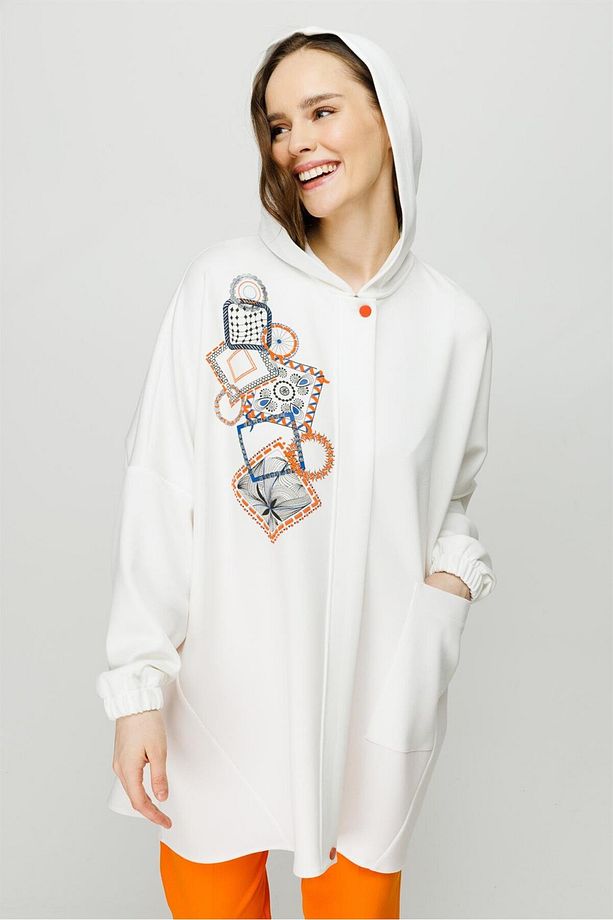 Trend Baskı Detaylı Kapişonlu Oversize Tunik Ekru - 3