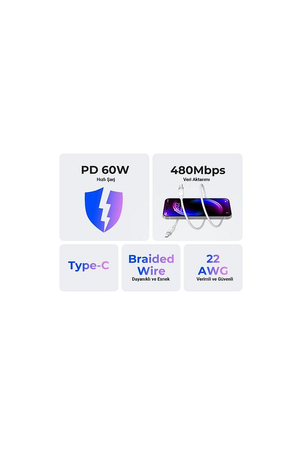 3a 60w Pd Type-c To Type-c Hızlı Şarj Ve Data Kablosu 1 Metre Beyaz - 5